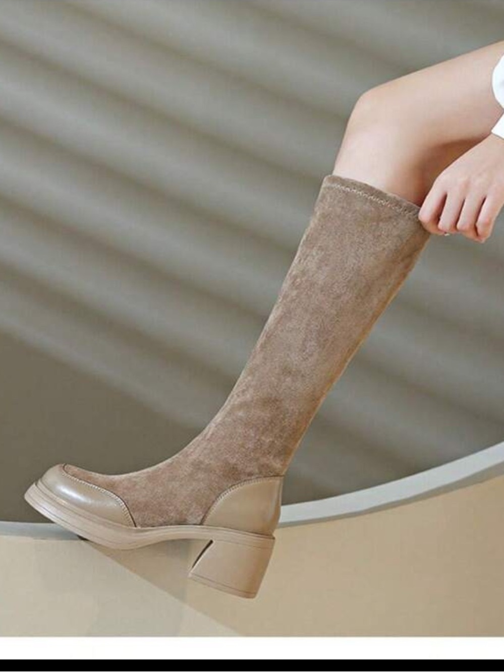 Classic Knee-High Suede Block Heel Boots - Taupe
